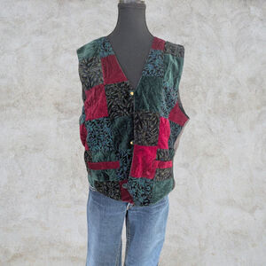 Vintage 90s Velvet Patchwork Vest Green/Burgundy Size L